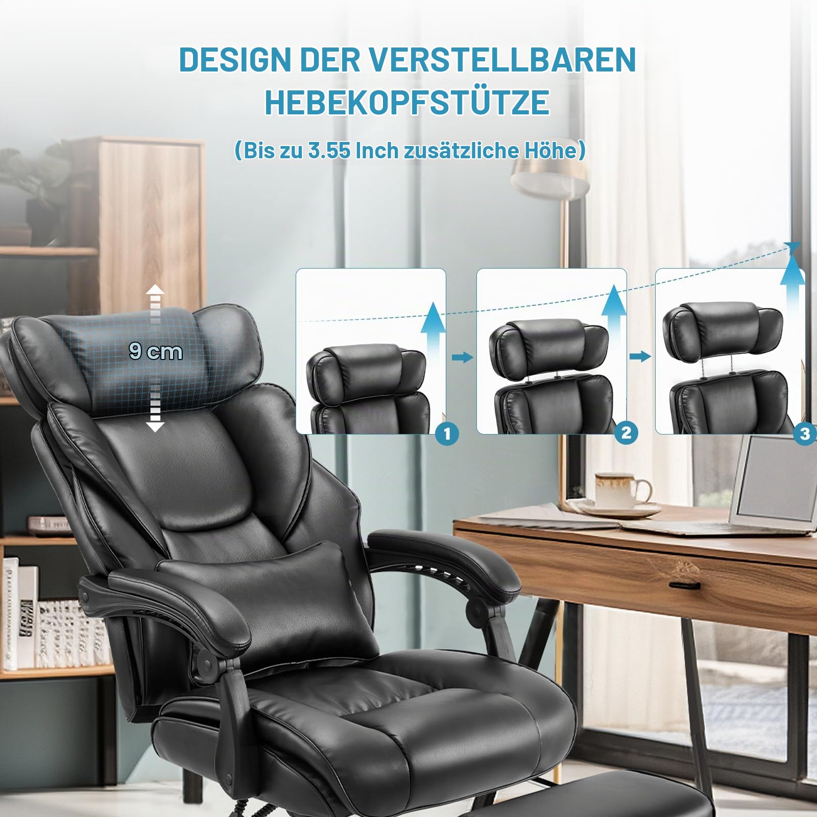 COLAMY Bürostuhl Leder mit Fußstütze, Ergonomischer Chefsessel für Homeoffice – Hohe Rückenlehne, 90–135° Neigefunktion, Gepolsterte Armlehnen, Office Chair mit Lendenkissen, Schwarz