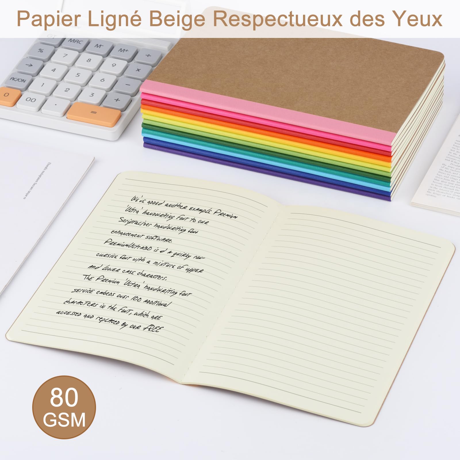 Cahiers Lignés avec Dos Arc-en-Ciel, Lot de 12 Blocs Carnet de Notes, Couverture Kraft, 60 Pages