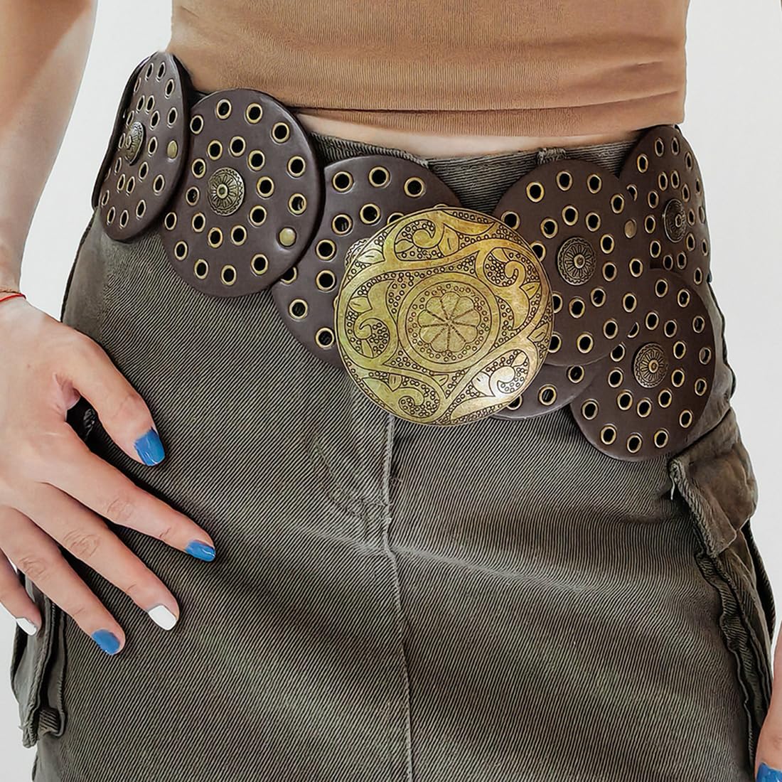 Cinturón de disco ancho hueco para mujer, cinturón redondo de cuero con hebilla de metal, suave, duradero, vintage, cinturones de cintura occidentales