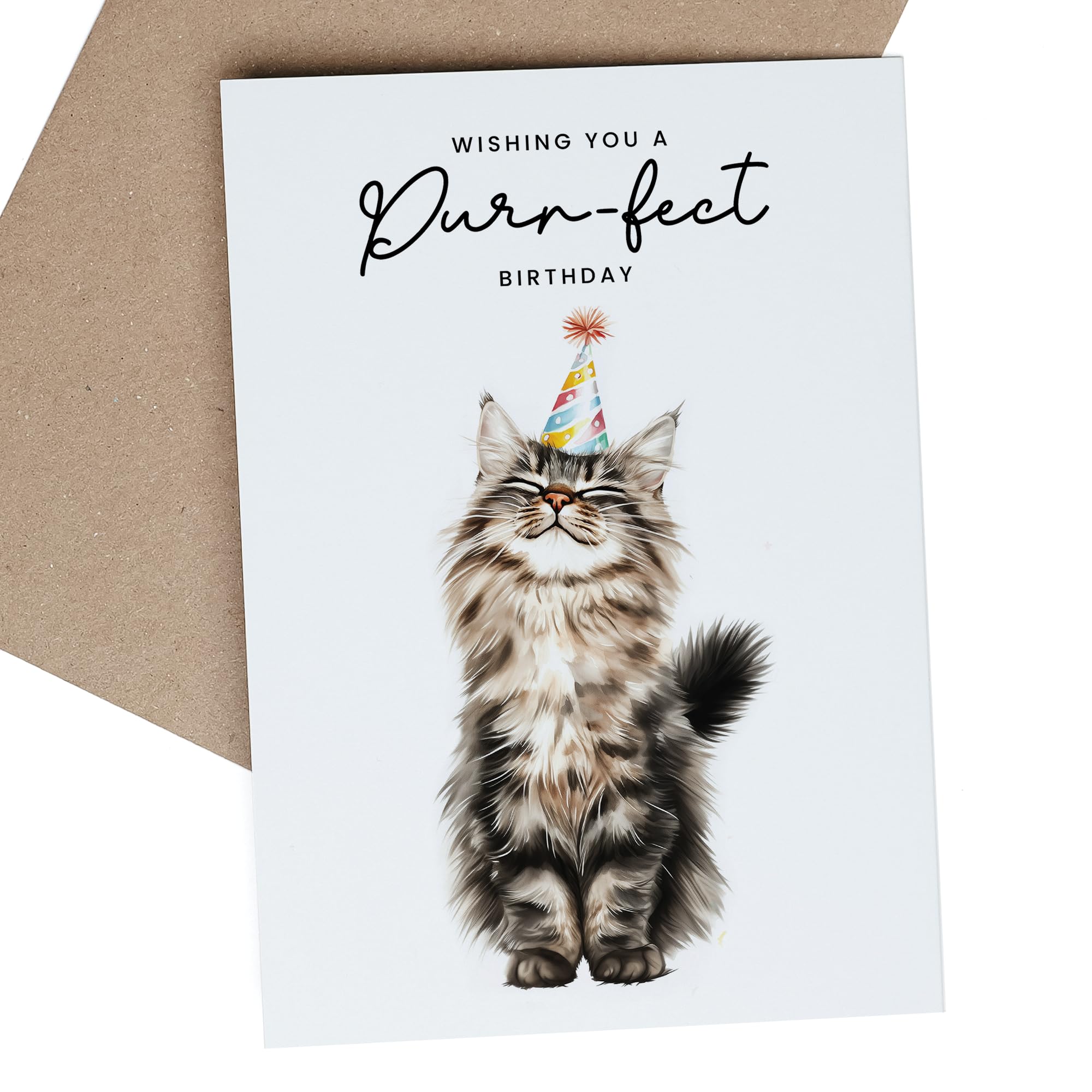 Postcard Prints - Maine Coon Cat Birthday Card – Cute Cat Lover Card with Party Hat – Purr-fect Birthday Greeting Card for Cat Owners - 5 Card Pack