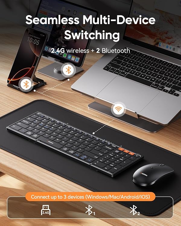 CHESONA Foldable Keyboard and Mouse Combo - Ultra Slim 600g with 2.4G+Dual Bluetooth Compact Wireless Folding Keyboard with Stand - Portable for Business/Travel with Case - Win/Mac/iOS/Android - Black by CHESONA - Image 4