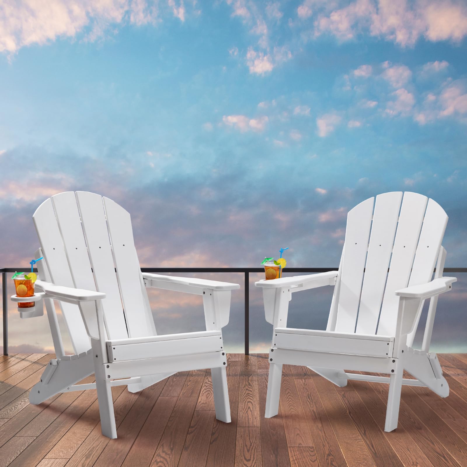 VEVOR 2 Juegos de Sillas Adirondack de Plástico Plegables y Portátiles de 800 x 755 x 915 mm para Exteriores, con Portavasos, Reposabrazos Relajante y Ergonómico para Jardín, Patio Trasero, Blanco
