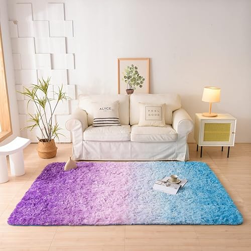 NTBED Soft Shaggy Area Rugs for Boys Girls Bedroom Nursery Dorm Living Room,Tie Dye Fluffy Bedside Rugs Colorful Abstract Indoor Plush Shag Floor Carpets(3x5Feet, Blue)