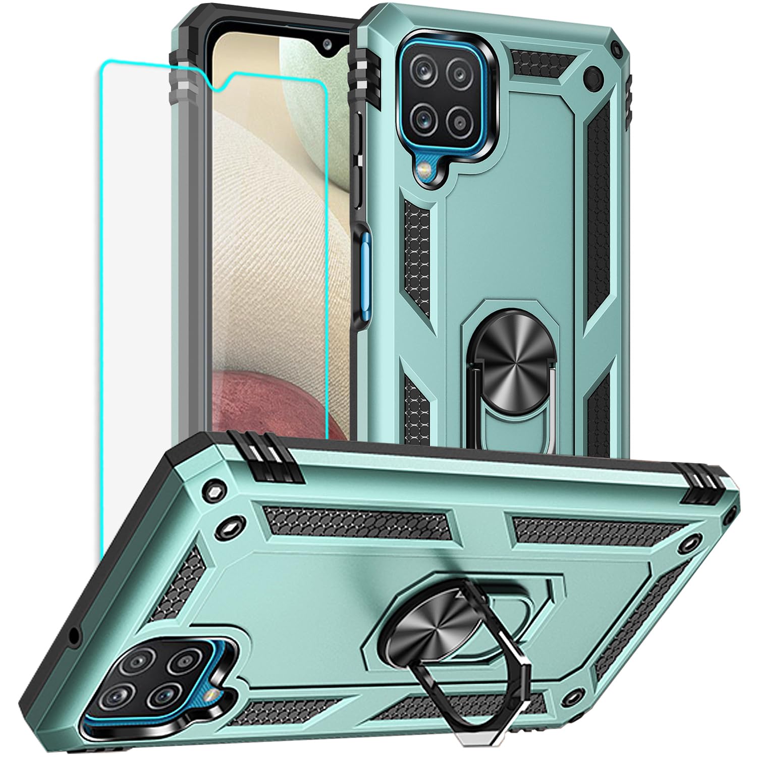 for Galaxy A12 Phone Case, Samsung A12 Phone Case with HD Screen Protector, Military Grade Protective Cases with Ring for Samsung Galaxy A12（Dark Green）