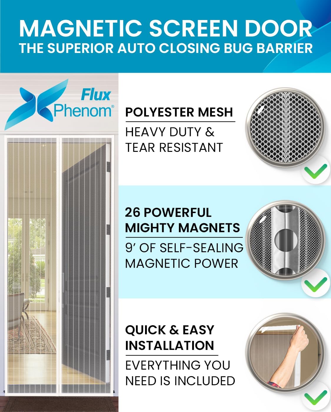 flux phenom magnetic screen door mesh 38x82 inch – easy install, strong magnet strength, self-sealing mesh, pet tested, hands-free entry, door screen magnetic closure, keeps bugs out - white white 38"x82"
