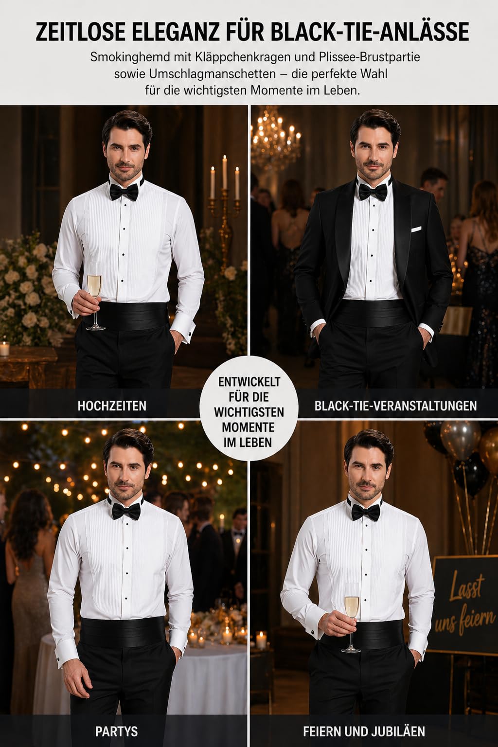 Camicia da smoking da uomo, bianca, collo ad aletta, petto plissettato, polsini francesi, elastica ed elegante, per occasioni formali