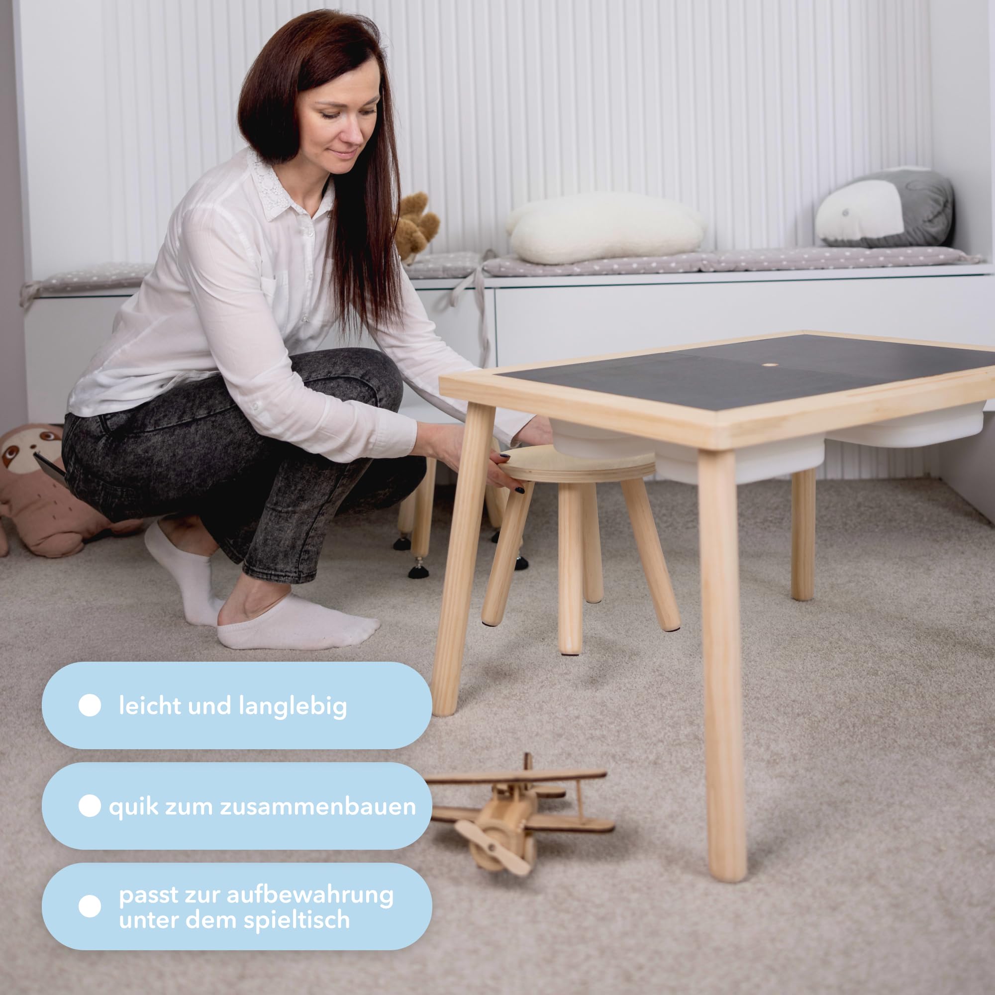 Cateam Tritthocker aus Holz für Kinder und Kleinkinder – 2er-Set – Weiß – Kinderhocker mit ausziehbaren Beinen – sensorischer Tischhocker – runder Sitzhocker für Kinder mit Nivellierfüßen