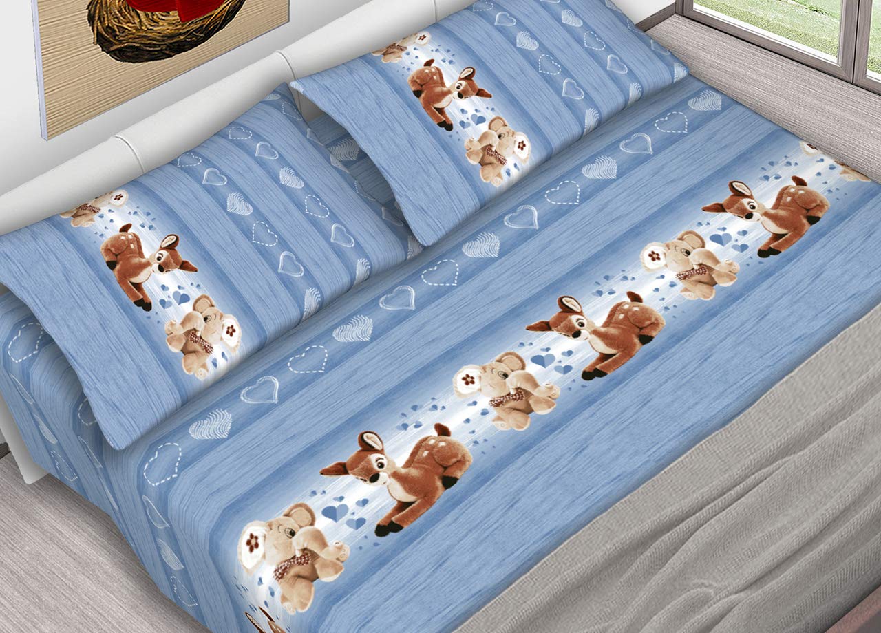 SOFFICIOSO Set Completo Lenzuola Estate in Puro Cotone Dis. Peluches Azzurro CN Singolo Azzurro