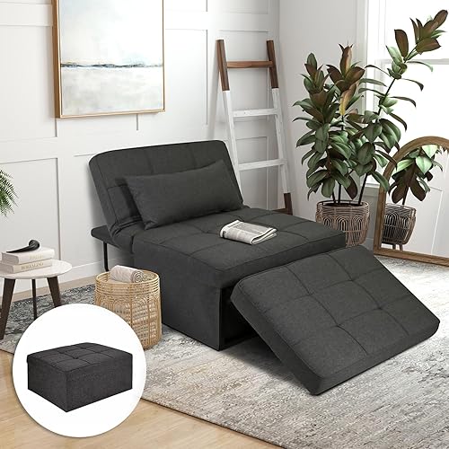 Sleeper Chair Bed, 4-in-1 Convertible Futon Ottoman Bed Sleeper, Foldable Sofa Couch with Adjustable Backrest for Guest Room/Office Living Room, No Assembly Required, 29” Width,Gray
