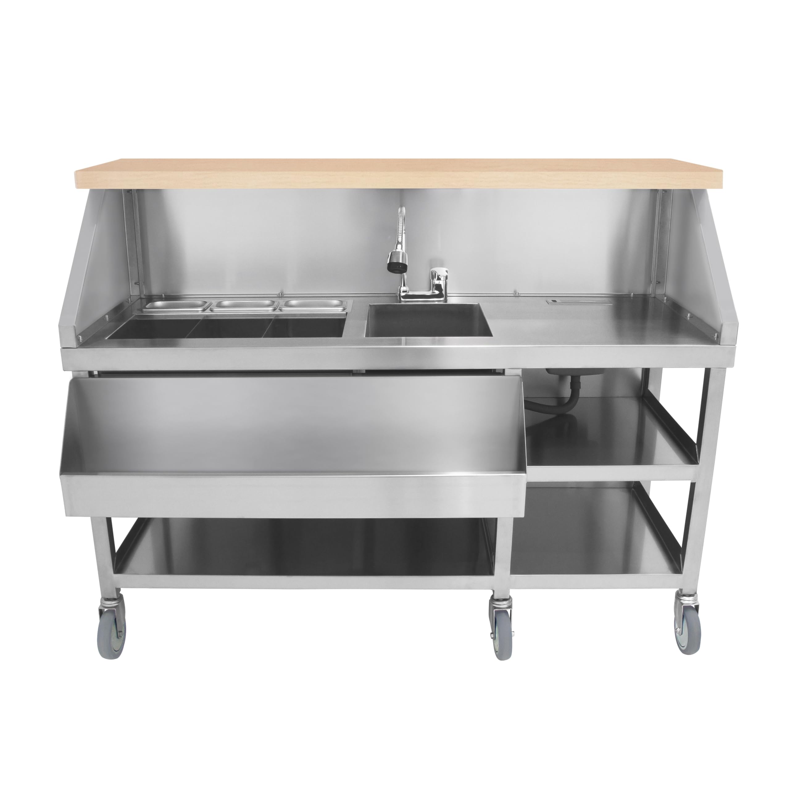Postazione Mobile Cocktail Acciaio Inox Bancone Effetto Legno Ghiaccio Isolato 62L Lavello Integrato Mensole Doppio Livello Speed Rail Contenitori Gastro Portacoltelli Lavagna Magnetica e Shaker