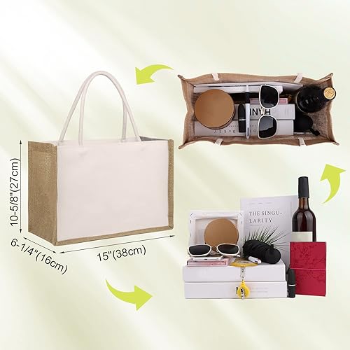 Miniatura 6 de TopTie 12 bolsas de yute blanco para dama de honor, bolsa grande de lona en blanco para playa, 15 x 10.6 x 6.3 pulgadas, Blanco