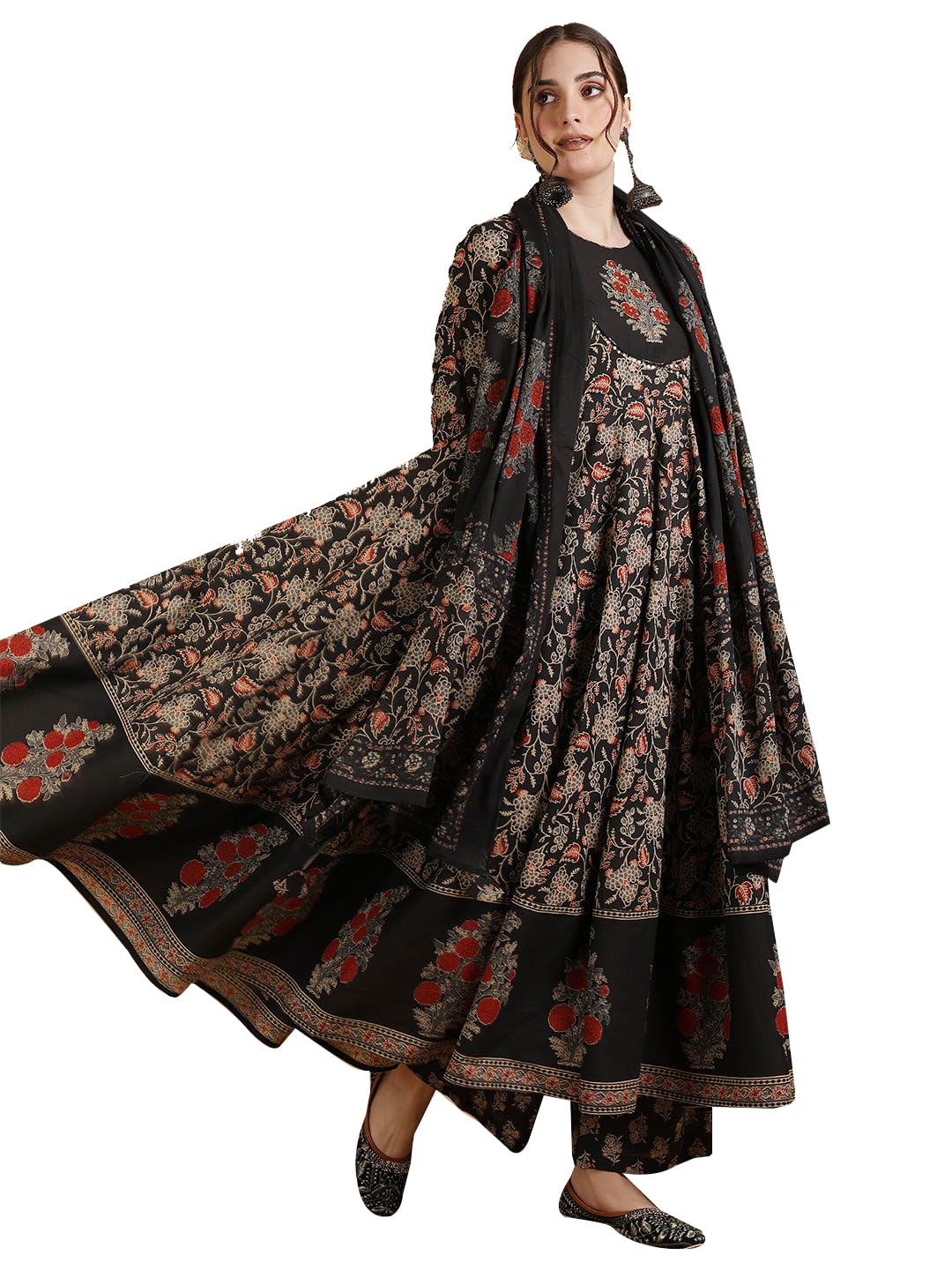 Women's Cotton Flared Printed Embroidered A-Line RoundNeck Kurta Suit Set-image-23