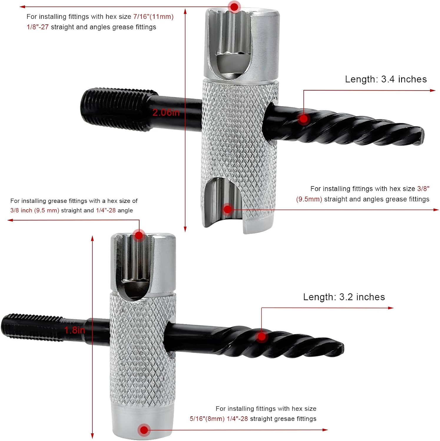 2PCS Grease Fitting Tool, 4 Way Grease Zerk Removal Installation Rethreading Tool, Grease Fitting Multi-Tool Fits 1/4"-28 SAE, 1/8"-NPT, M10x1, M8x1, Hex Sizes 3/8" 5/16" 7/16"