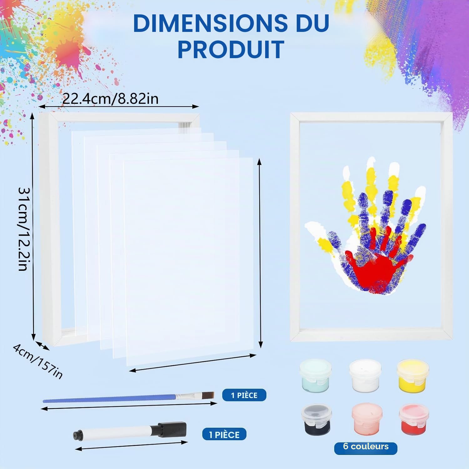 Auauraintt Kit d'Empreintes de Mains Familiales, Cadre en Bois Souvenir Artisanal, Coffret Cadeau, Peintures Non Toxiques, Feuilles Transparentes,Cadeaux pour parents et futurs parents (Blanc)