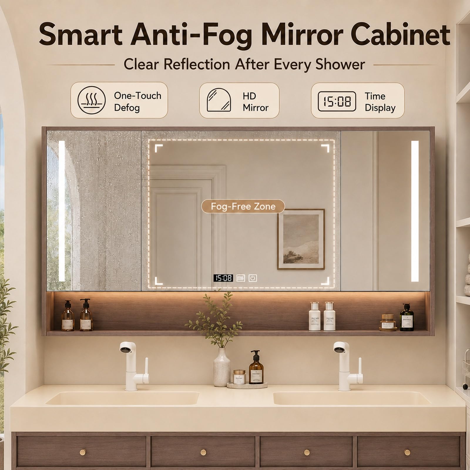 Mobile Bagno con Lavabo, Mobile Bagno Sospeso con Specchio Contenitore, Doppio Lavabo, Rubinetti Regolabili, Cassetti per Bagno Casa e Suite
