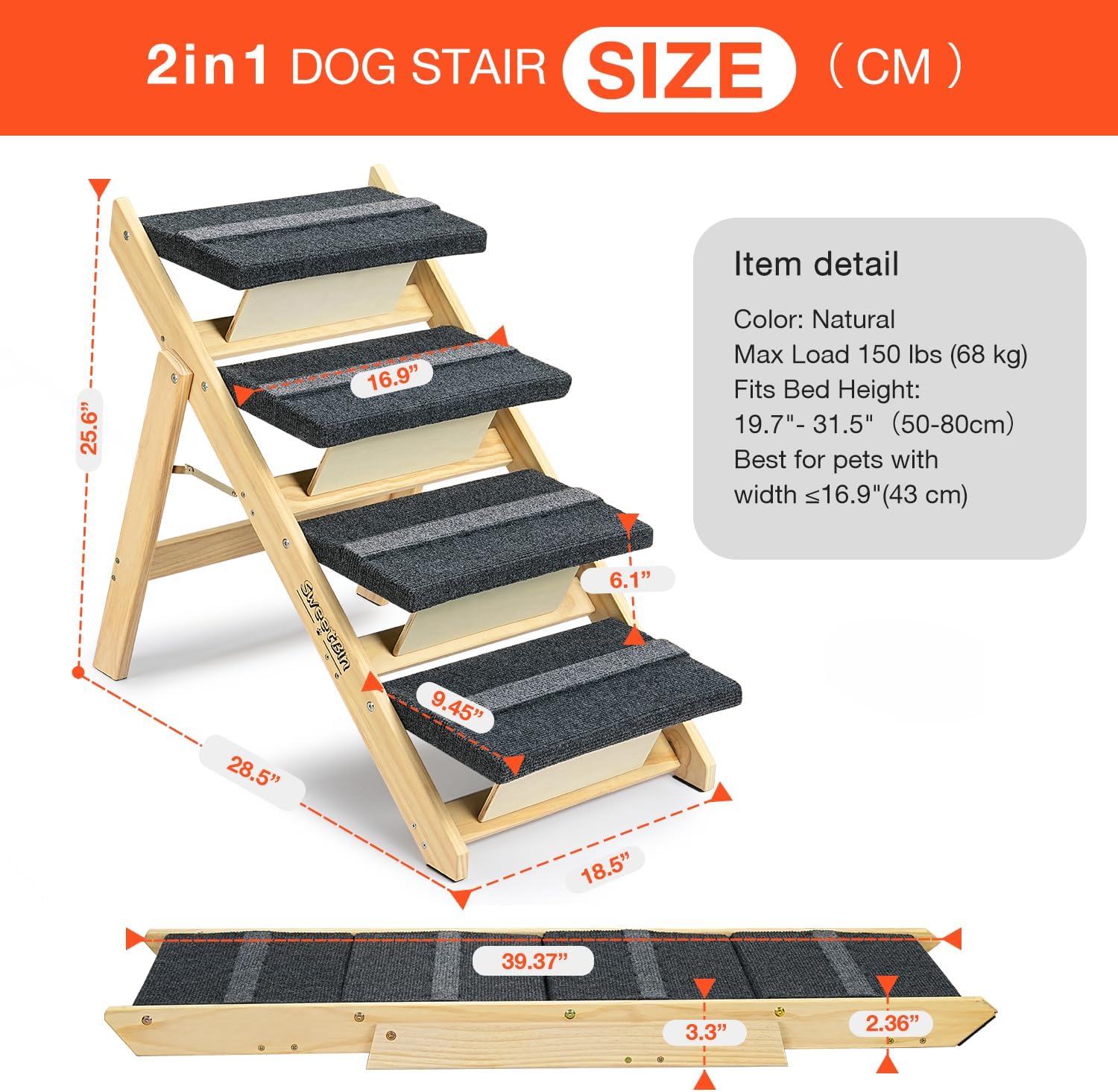 Wooden Dog Stairs& Dog Steps, 2-in-1 Foldable Dog Steps for High Beds, Couch and Cars, Anti-Slip Pet Ramp with 4 Steps Indoor Pet Stairs for Small Medium Large Older Pet Cats up to 150lbs