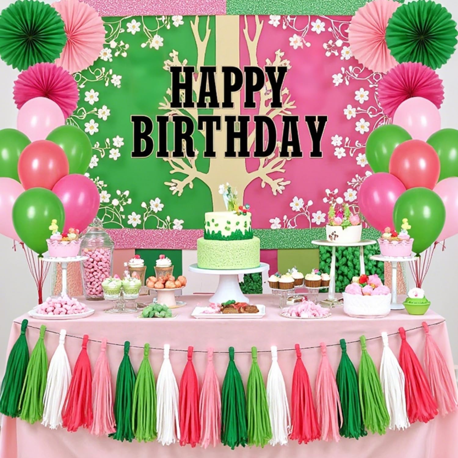 GAKA Pink and Green Paper Tassel Party Tassel Garland Banner for Theme Party Birthday Wedding Decorations,20 PCS