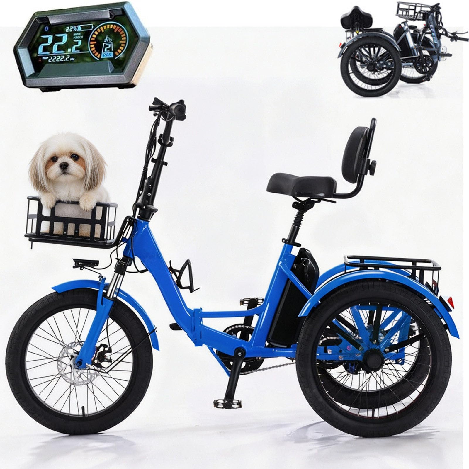 Bici Elettrica A 3 Ruote Elettrica per Adulti Tre Ruote Elettrica con Cestino Portaoggetti Larghi, Facile da Scalare capacità di Carico 20Inch-Blue