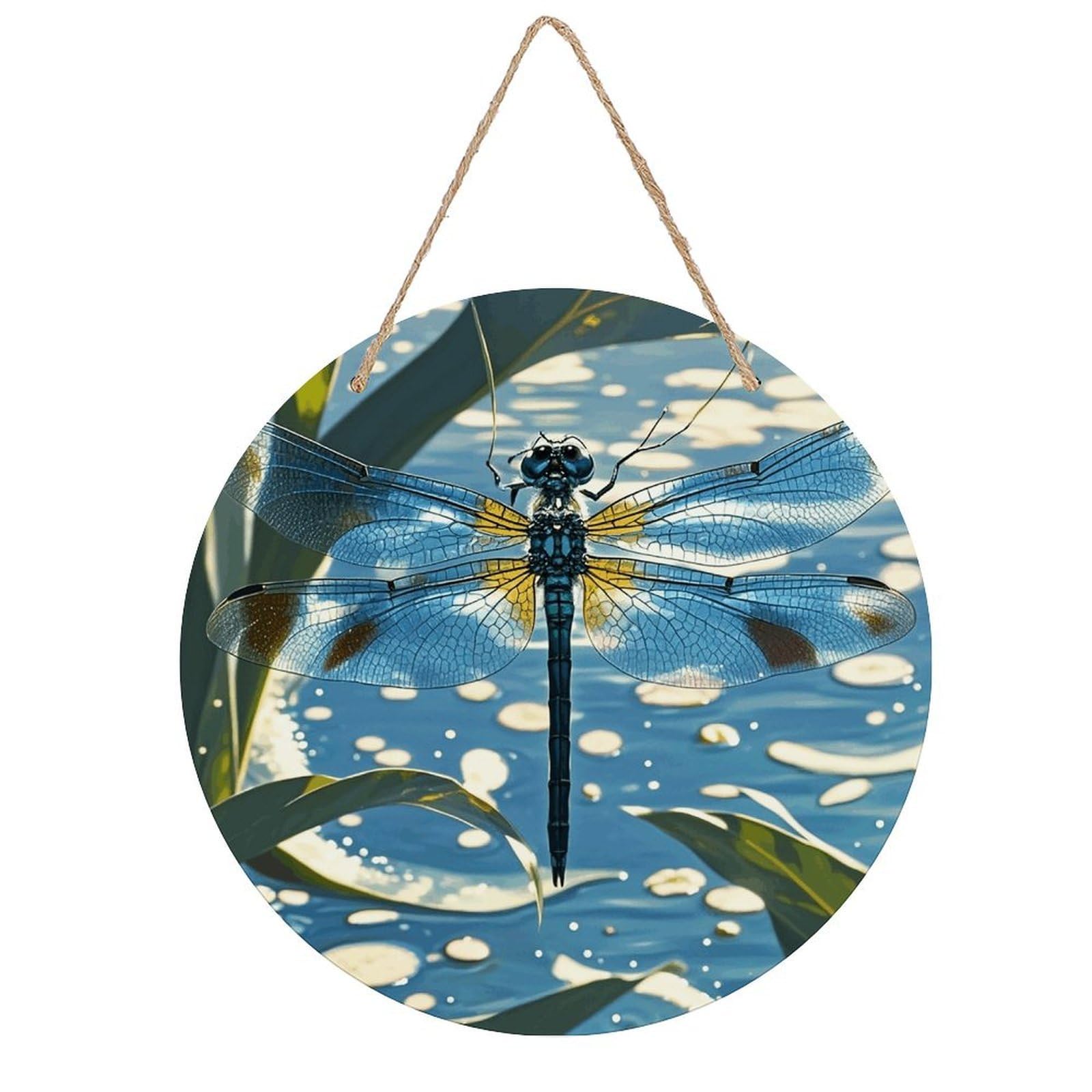 VstaDank Blue Dragonfly Wall Decor Round Wood Hanging Sign 7.9x7.9 in Wooden Circle Door Hanger with Ropes, Rustic Wall Art Decor for Home Front Door Indoor Outdoor Decoration