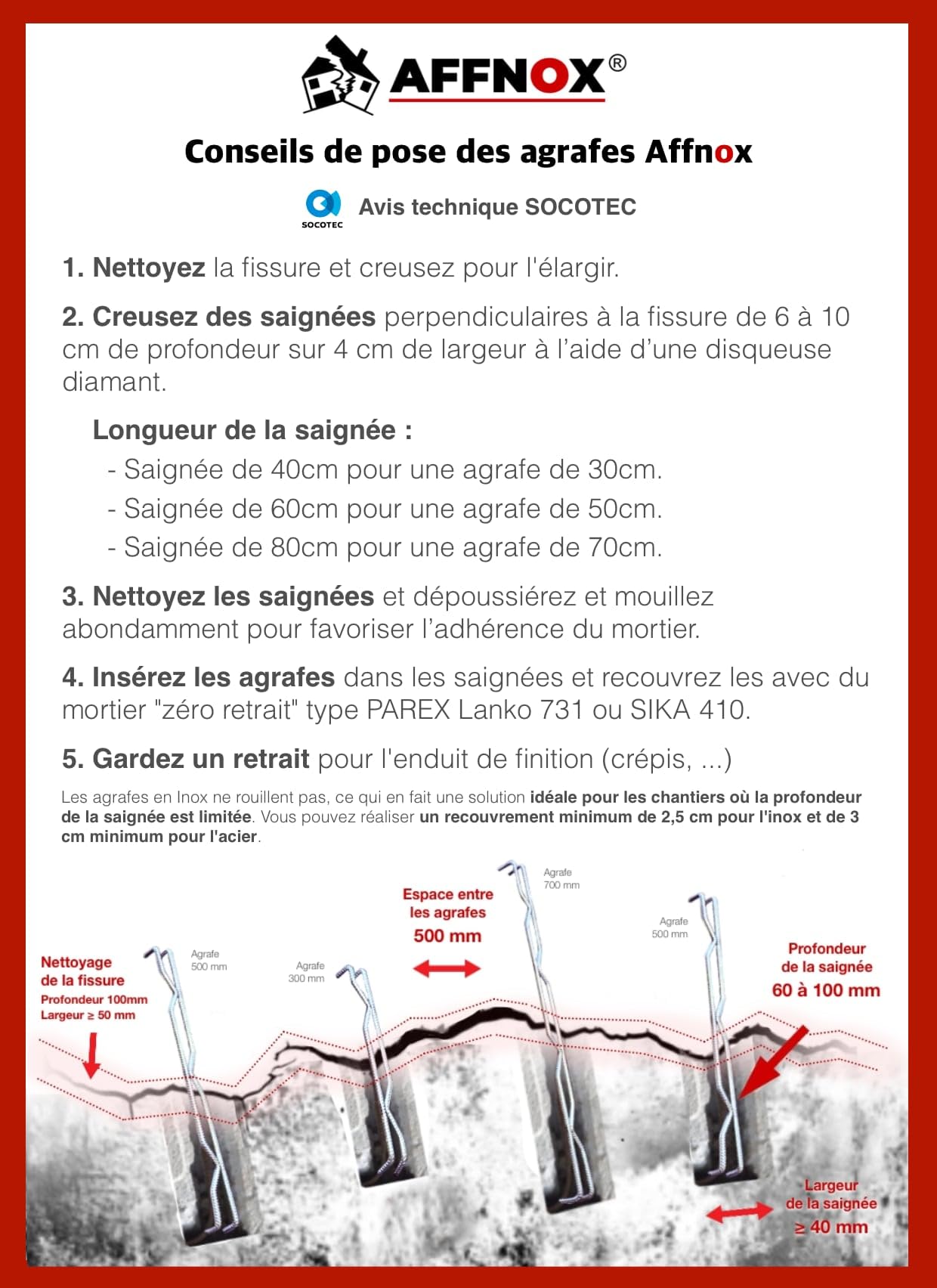 Pack Hercule Affnox : Agrafes en Acier Haute Résistance pour Fissures Murales | 20 Pièces, 6x30cm/8x50cm/6x70cm | Fissure mur, maçonnerie, tous type de murs