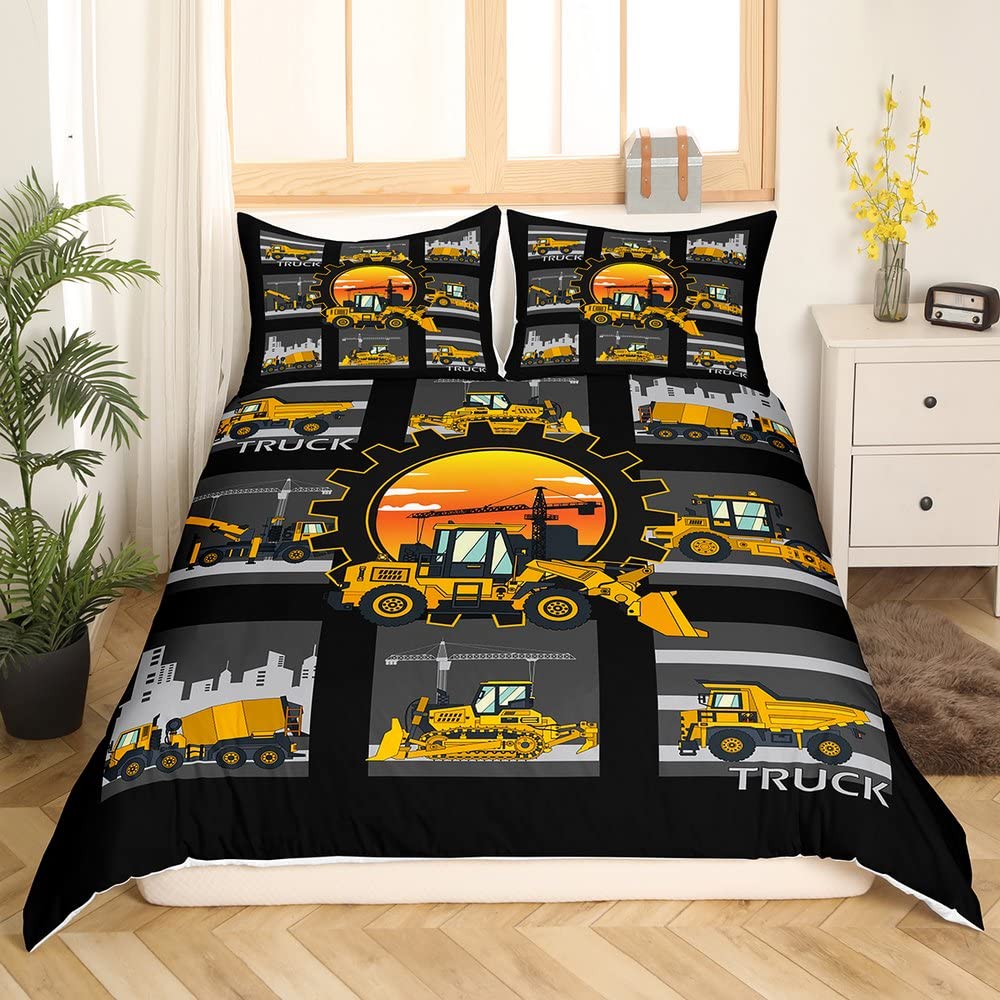 Erosebridal Excavator Duvet Cover King Tractor Truck Bedding Set Construction Vehicle Comforter Cover for Boys Kids Girls Teens Cartoon Heavy Machinery Car Quilt Cover, Gray Yellow