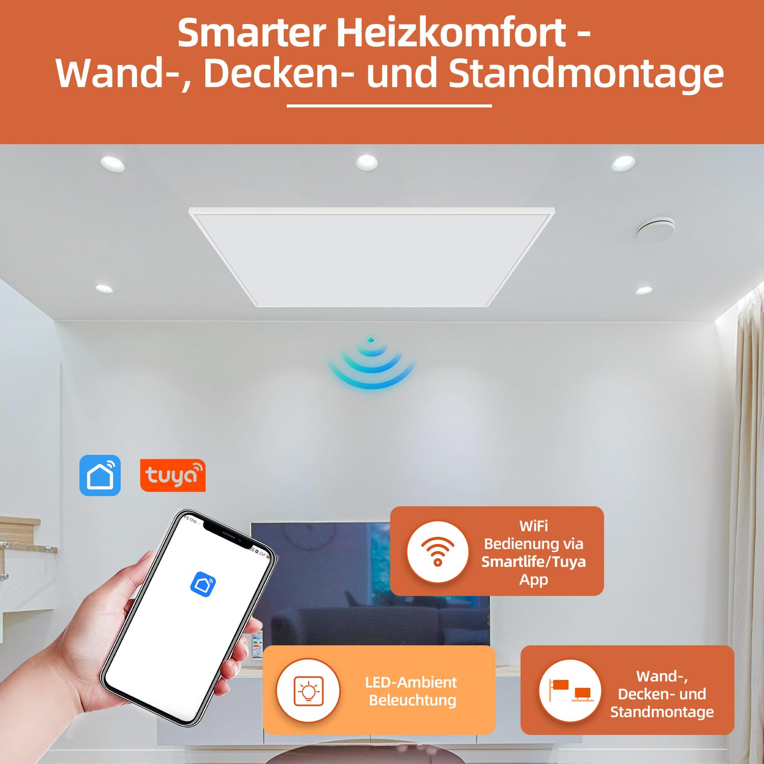 SHX Calefacción por infrarrojos premium con WIFI 1200 W, 15-22 m², montaje en techo o pared, dispositivo de pie, iluminación ambiental regulable, mando a distancia, detección de ventanas, pantalla LED