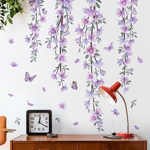 Miniatura 5 de Pegatina de pared de vinilo impermeable con diseño de flores y vides moradas para colgar en casa, dormitorio de niñas, habitación de niños,