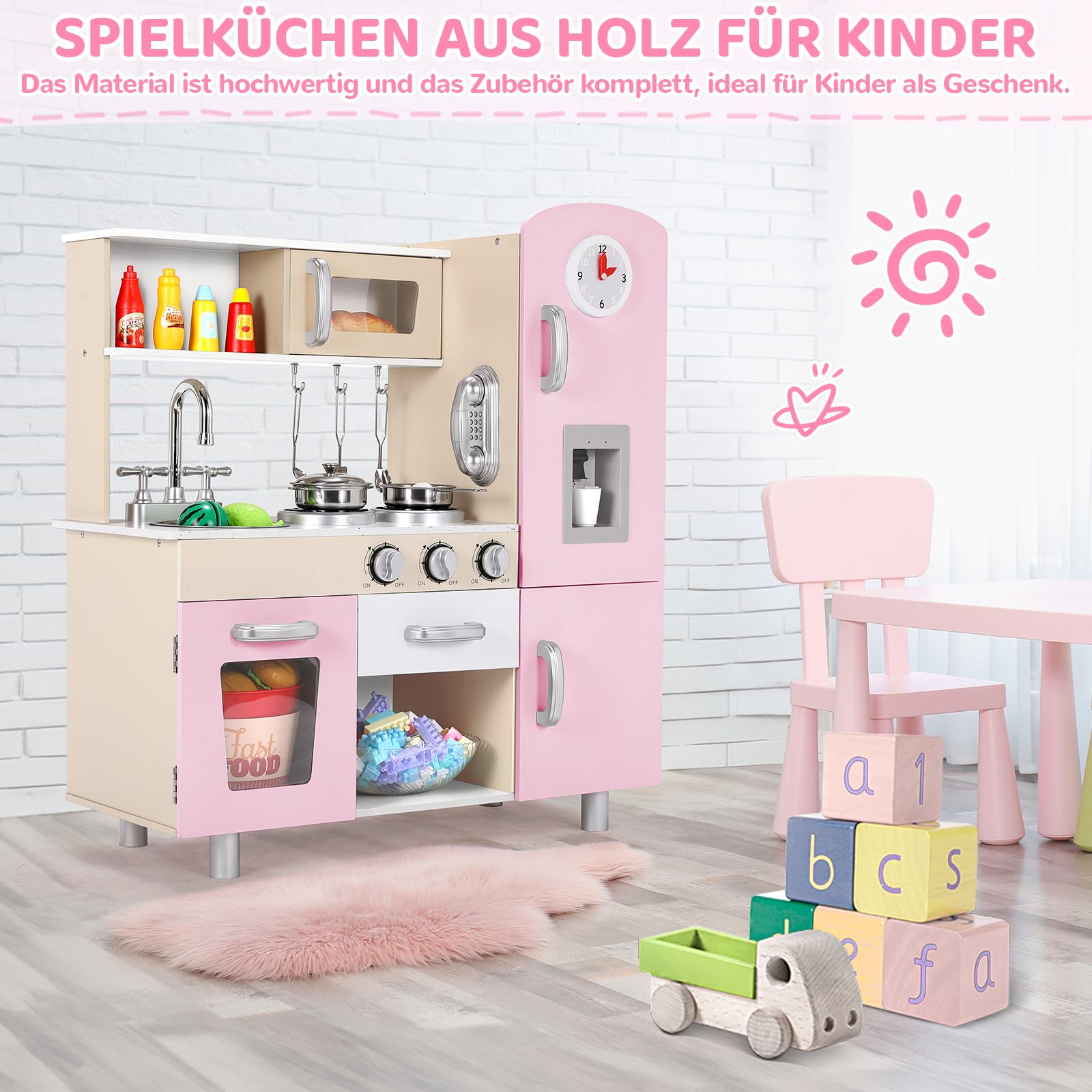 MAMIZOCucina Giocattolo per Bambini, Cucina Legno con Effetti Simulati di Luce e Suono, Dotata di Accessori da Cucina, Cucina per Bambini in Legno 81x74x30 cm, Rosa