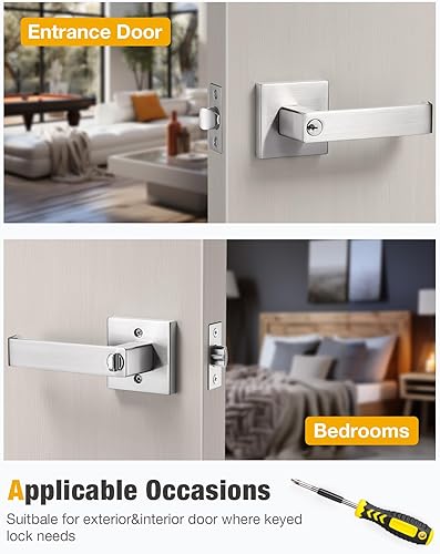 Miniatura 8 de Lanwandeng Manija de puerta de entrada con llave similar, manija de puerta delantera, níquel satinado, cerraduras para puerta de dormitorio
