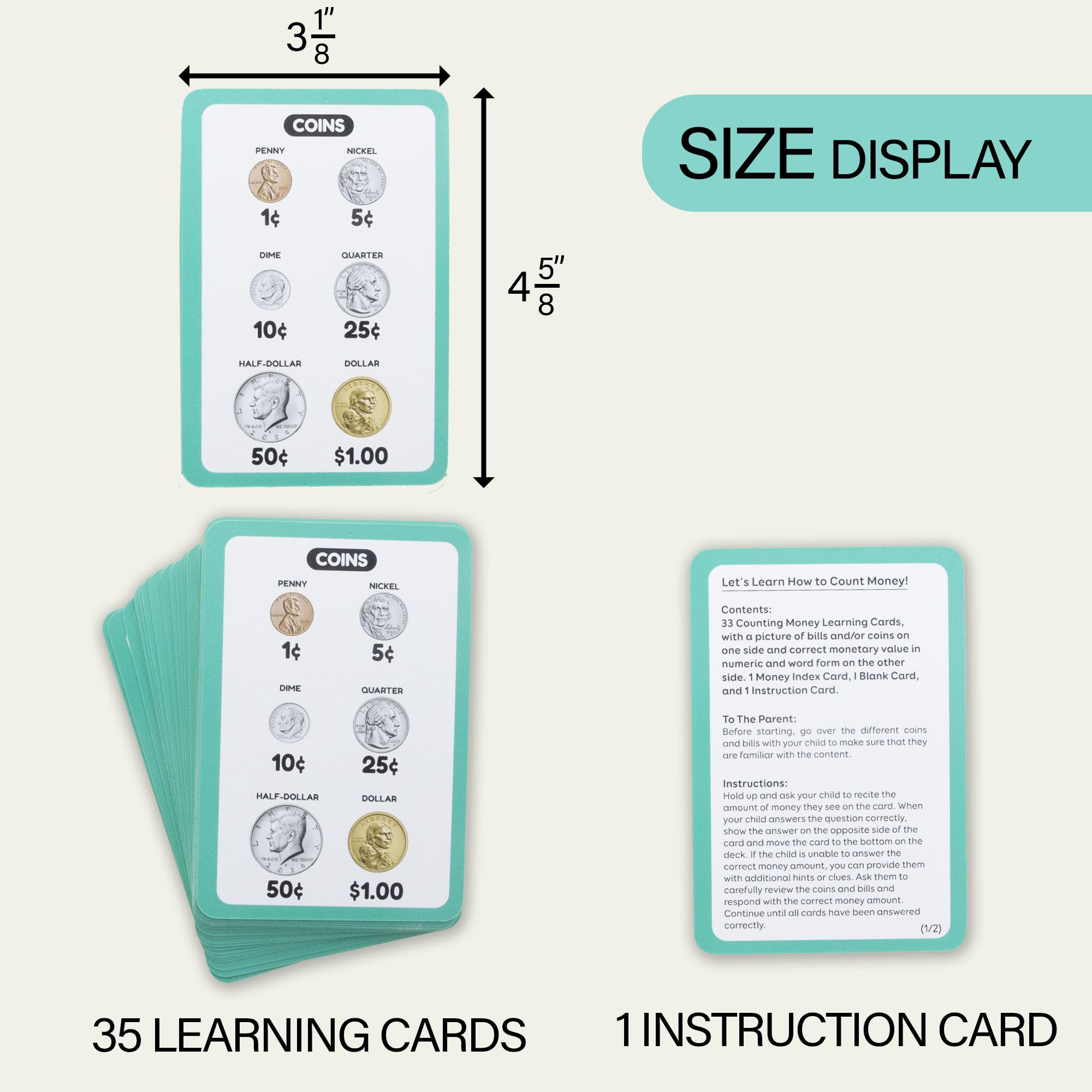 BAZIC - Schede flash per imparare a contare denaro, riconoscere banconote e monete valuta USA, gioco di apprendimento interattivo, flashcard per scuola materna e casa (confezione da 36), confezione da