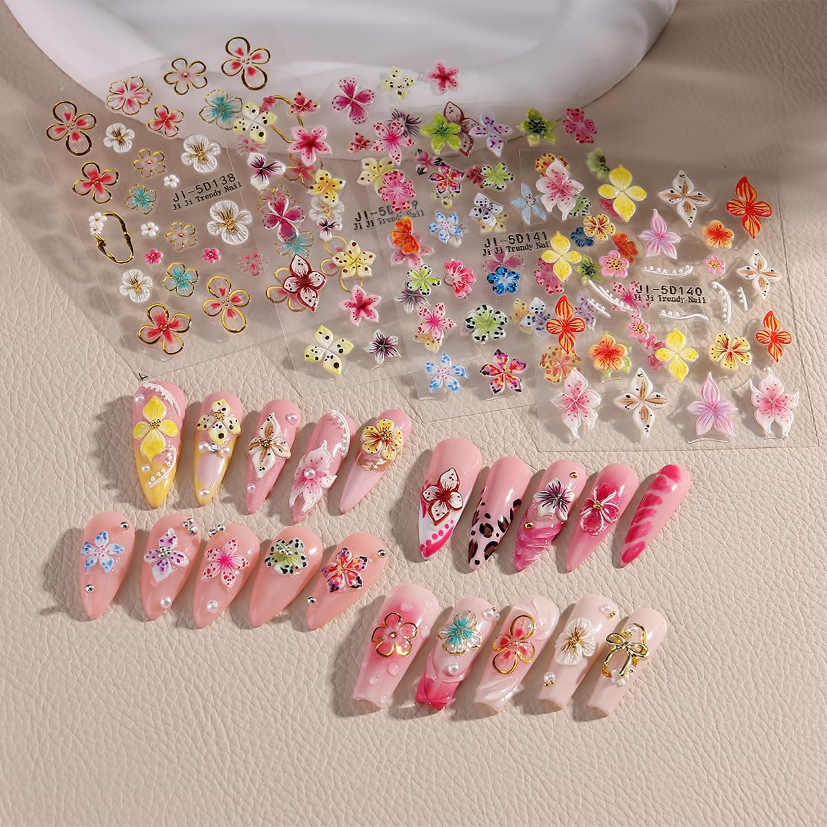 4 Sheet Flower Nail Art Stickers 5D Embossed Nail Decals Spring Nail Flower Stickers Colorful Floral Nail Art Design Gold 3D Self-Adhesive Acrylic