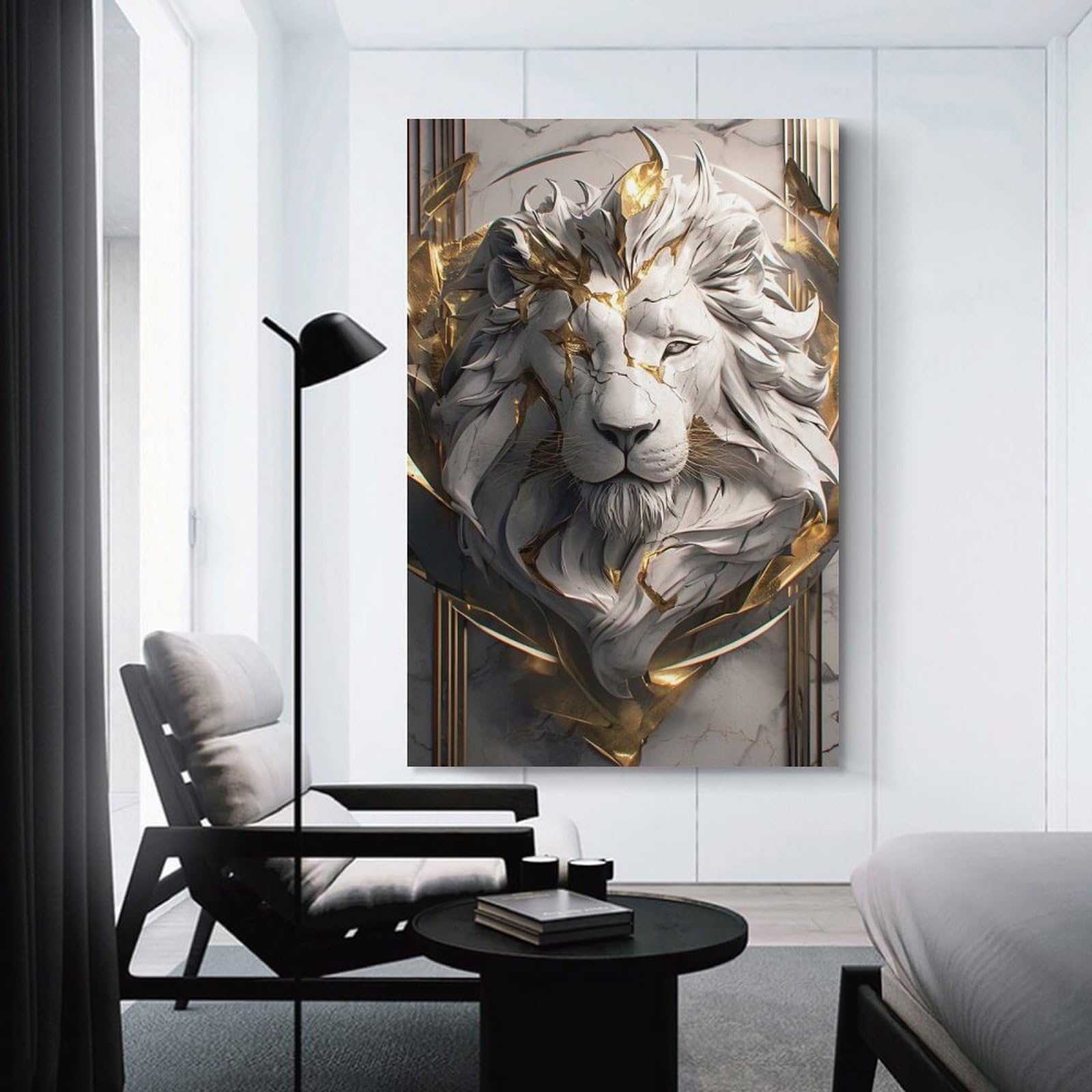 Junmoney Marble Lion with Gold Accents Wall Decor Canvas Print 16x24inch(40x60cm), for Sofa Walls, Lounge Or Home Corners, Modern Wall Decor for Cosy Interiors