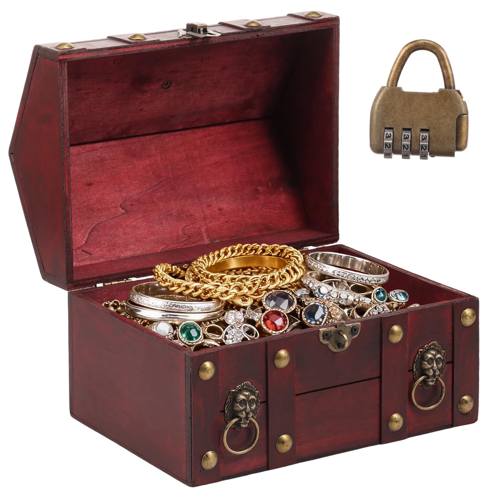 Vintage Wooden Treasure Chest Box with Metal Lock, Decorative Souvenir Storage Box, Antique Keepsakes Storage Organizer, Rectangle Jewelry Trinket Chest Treasure Container for Ring Necklace Earring