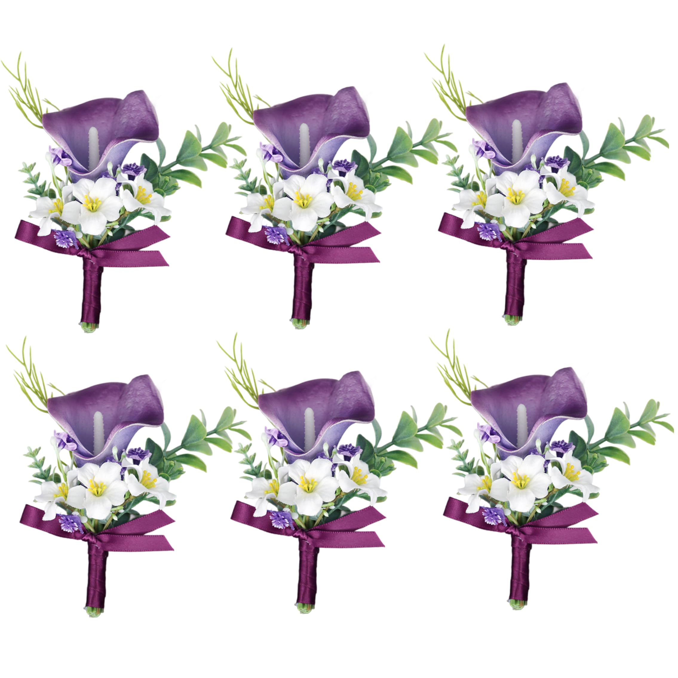 Pocket Boutonniere, 6pcs Real Touch Purple Calla Lily Artificial Flowers