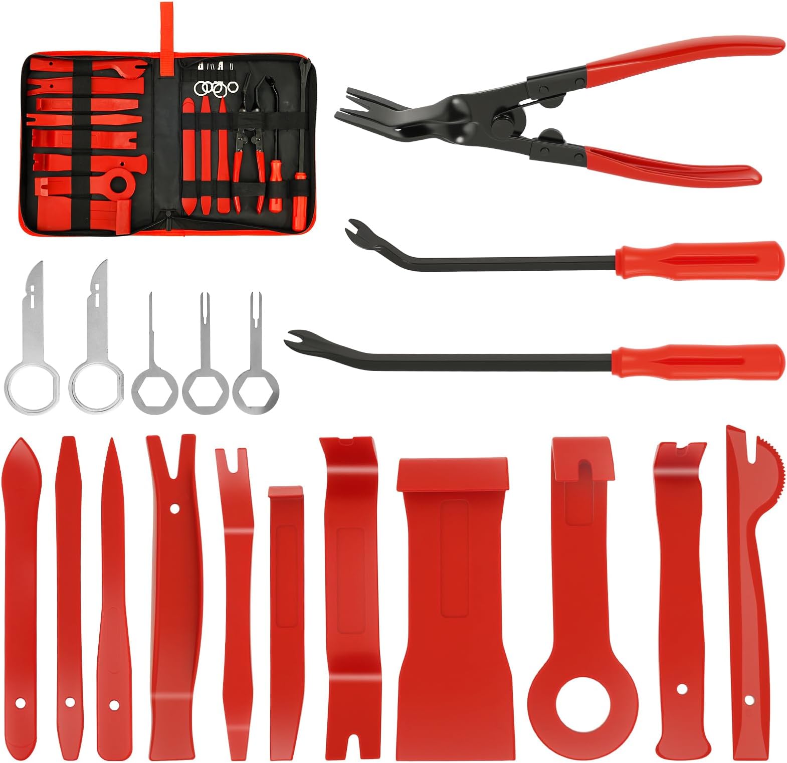 19Pcs Auto Trim Removal Tool Kit, No Scratch Plastic Pry Tool Repair Kit, Automotive Fastener Rivet Clip Remover with Storage Bag for Trims Panel Audio Dash