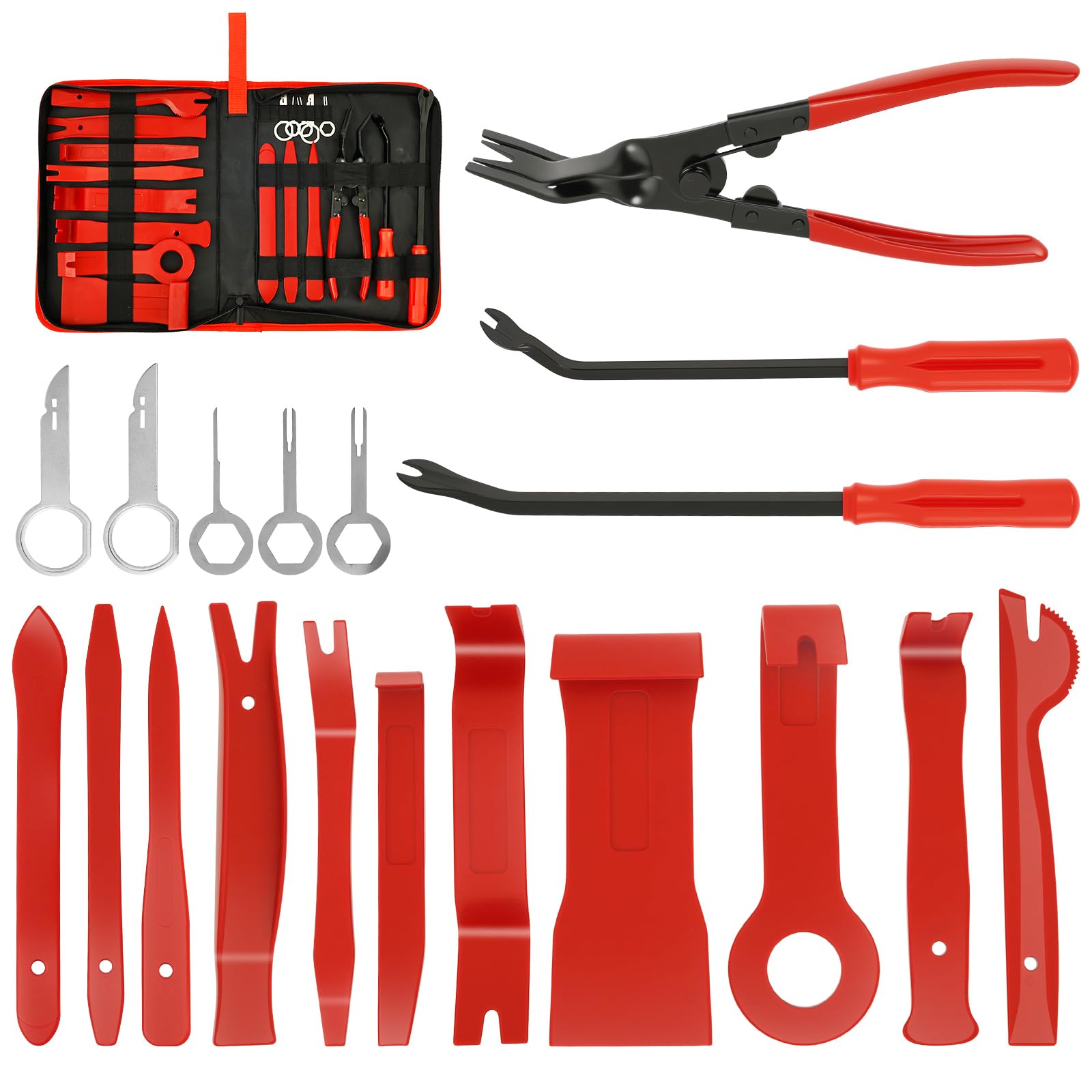 19Pcs Auto Trim Removal Tool Kit, No Scratch Plastic Pry Tool Repair Kit, Automotive Fastener Rivet Clip Remover with Storage Bag for Trims Panel Audio Dash