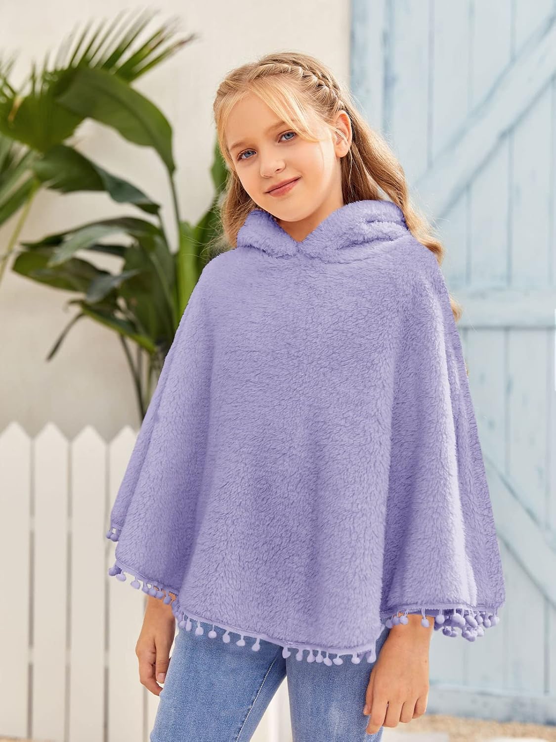 Inorin Kids Girls Sherpa Fleece Pullover Hoodies Pompom Tassel Fuzzy Coat Poncho Cloak Hooded Cape