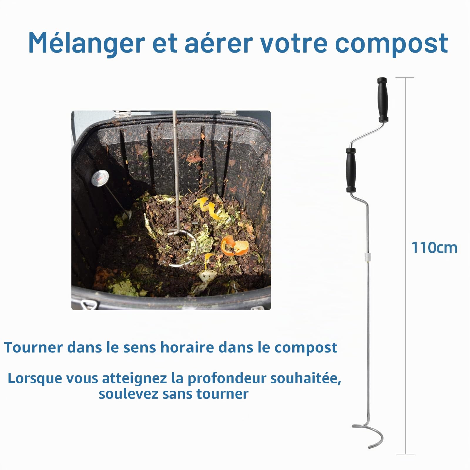 Pelle à compost avec manivelle de compost et outil de mélange pour conteneurs à compost extérieurs, aérateur manuel en acier inoxydable