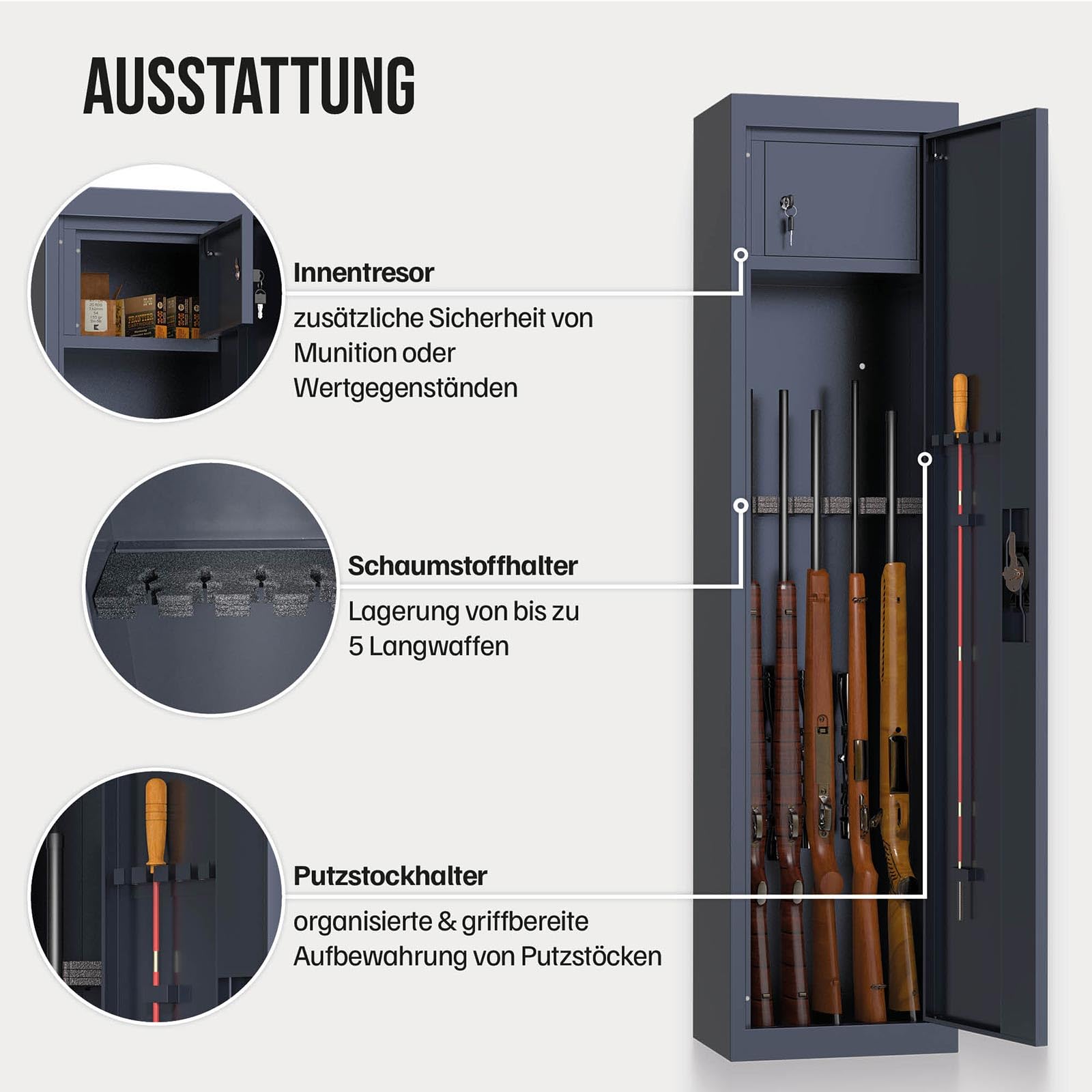 Profirst Armoire à fusils Forest 5 Acier Serrure à Cylindre 2 clés Compartiment intérieur verrouillable séparément Support en Mousse