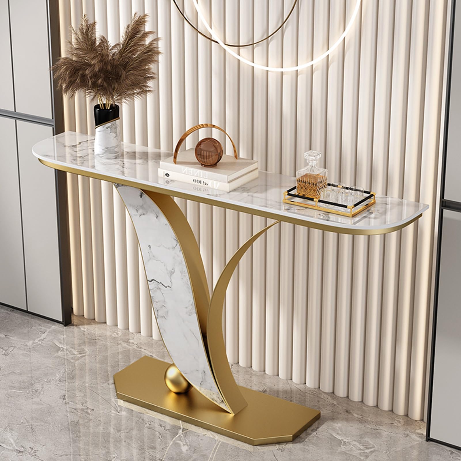 Soggiorno Moderno, Tavolo Consolle Ingresso, Moderna Stretta in Finto Marmo, Divano con Struttura Geometrica in Metallo, Corridoio E Arredamento(White2,80cm/31.4in)
