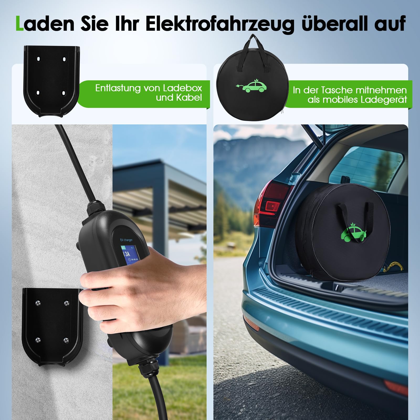 EVJUICION Oplader voor elektrische auto, 8 meter, [3,68 kW, 8-16 A, 0-12 uur, IP65] EV oplader type 2 met wandhouder, digitaal display, draagbaarheid, oplaadkabel voor elektrische auto, type 2, met