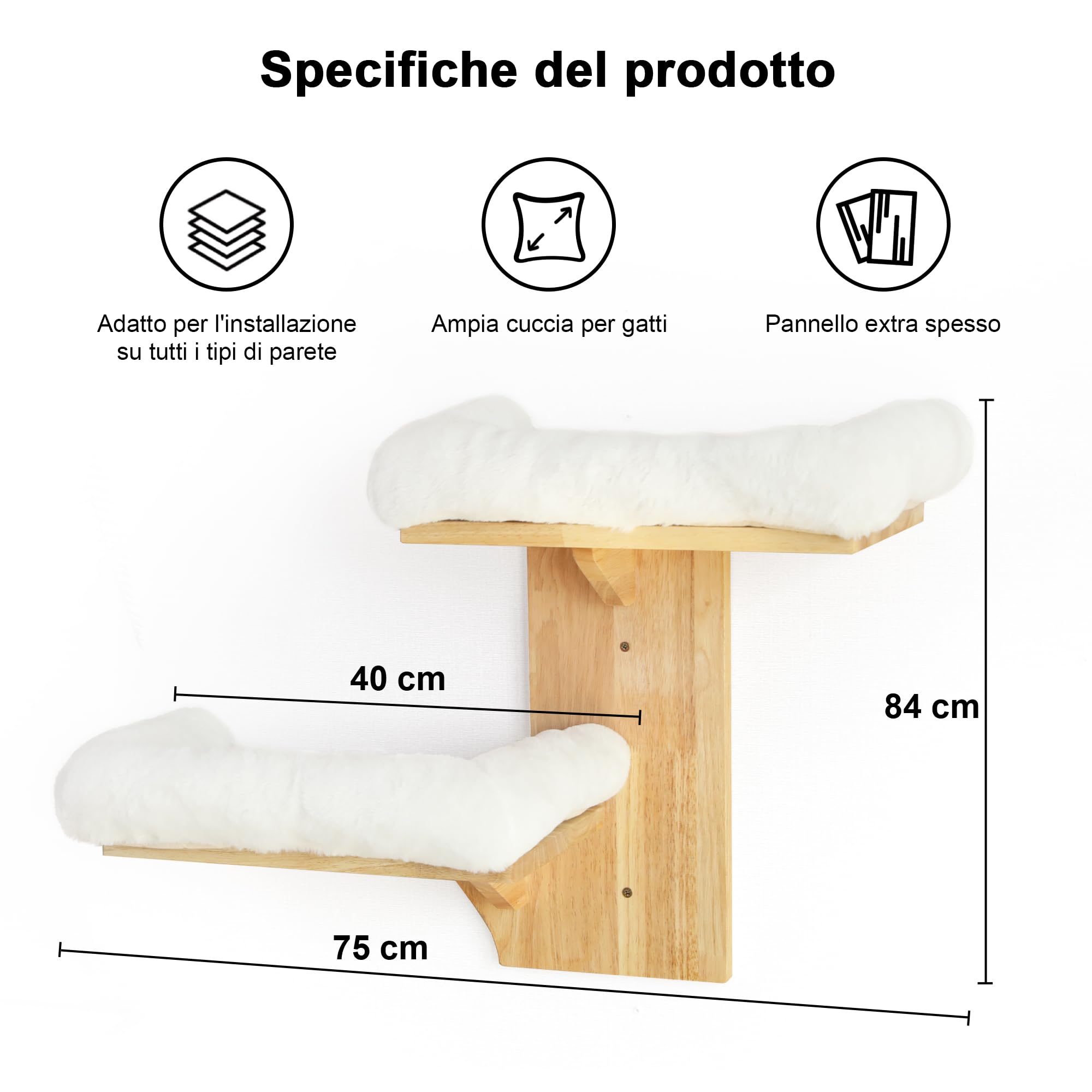 FUKUMARU Mensole per Gatti da Parete,2 Gradini da Parete per Gatto,Mensole Fatto di Legno Massiccio di Gomma con Letti Morbidi, Cuccia da Parete per Gatto si Arrampica e Riposa.