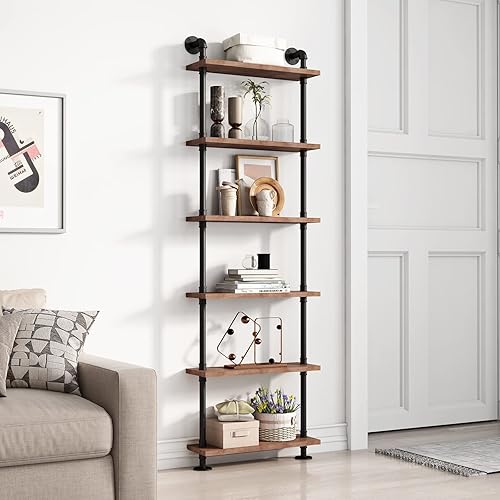 BOSURU Estantería industrial con escalera de madera rústica, estante industrial para decoración y almacenamiento de sala de estar, estantería (solo