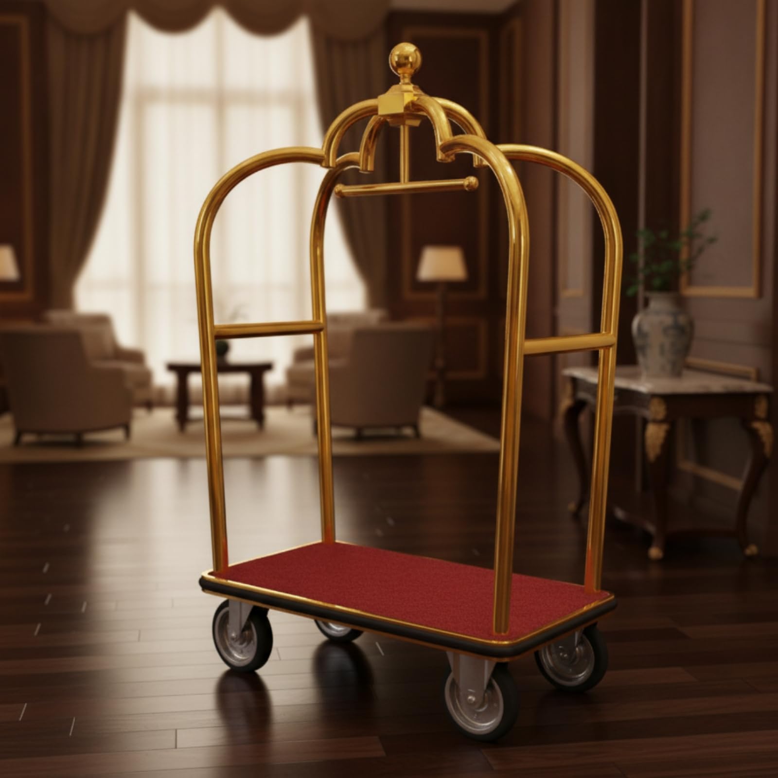 Carro de Equipaje para Hotel Carrito Maletero Portaequipajes Carro Porterero Acero Inoxidable Estructura Robusta Base Alfombrada Giratorios 4 Ruedas
