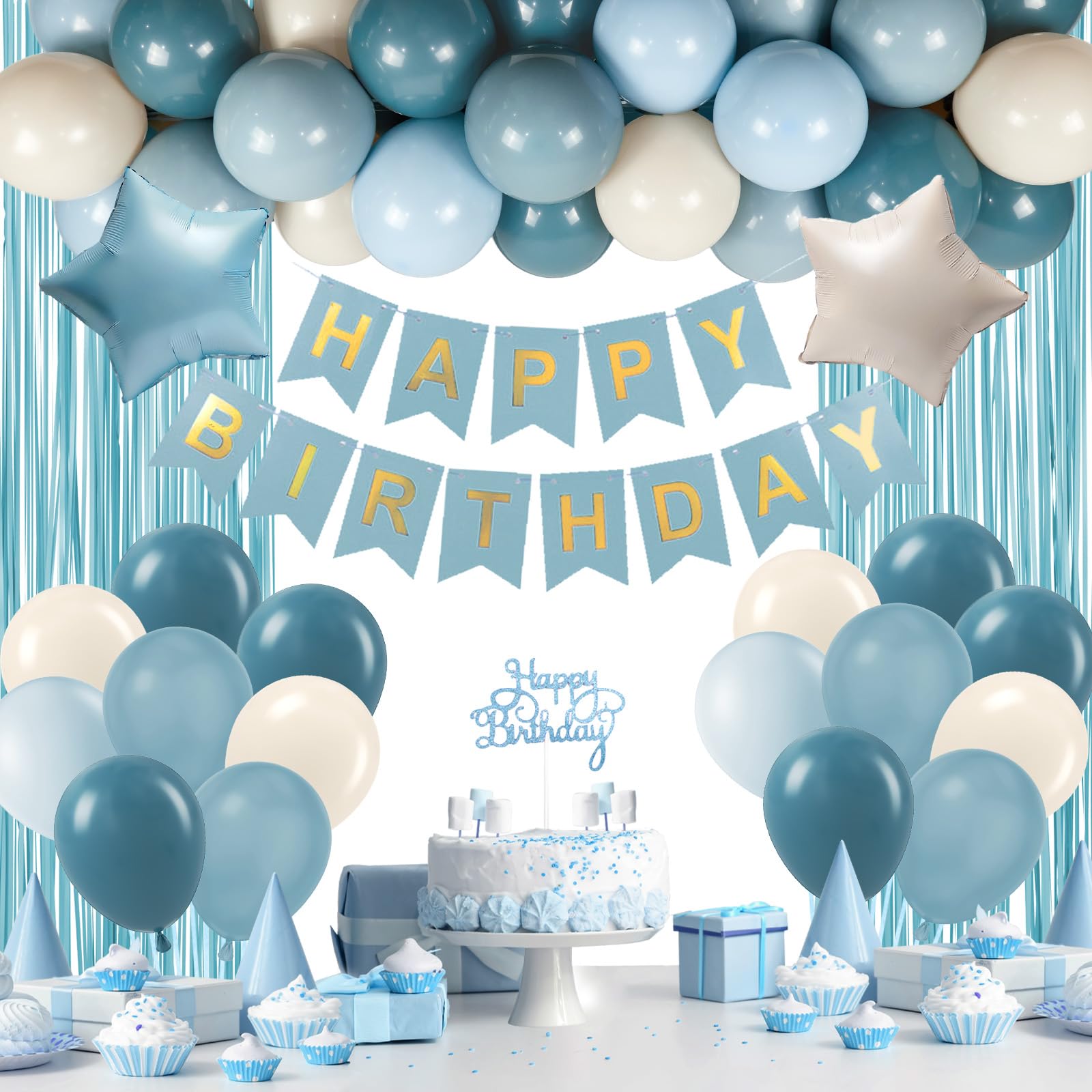 Blue Birthday Decorations for Men with Sand White Light Slate Dusty Blue Balloons Happy Birthday Banner Light Blue Fringe Curtains for Birthday Party