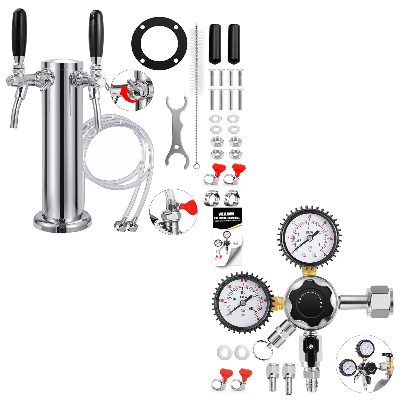 KGLHJDY new adjustable dual tap kegerator tower with kegerator parts kits co2 regulator beer keg regulator