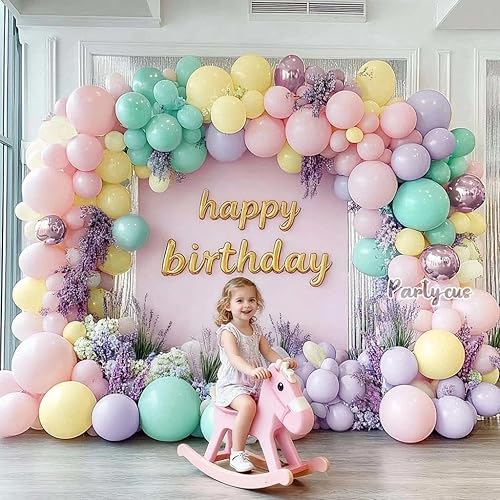 Miniatura 5 de Kit de arco de guirnalda de globos pastel de doble relleno, globos rosa bebé, morado, amarillo, verde, con látex lila metálico para baby shower,