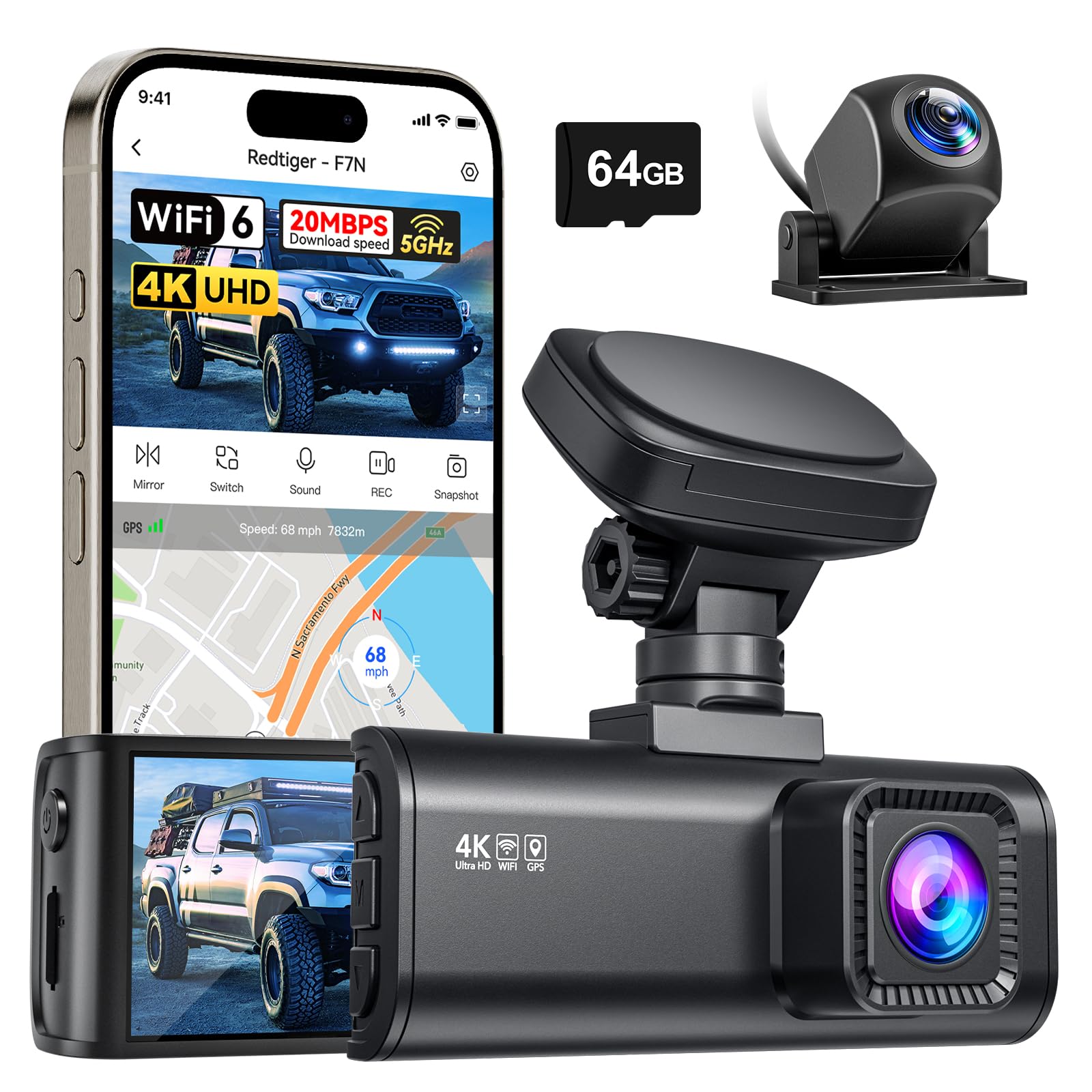 REDTIGER F7N 4K Dual Dash Cam 5 8GHz WiFi-20 MB s Fast Transfer 64GB Card Front 4K 2