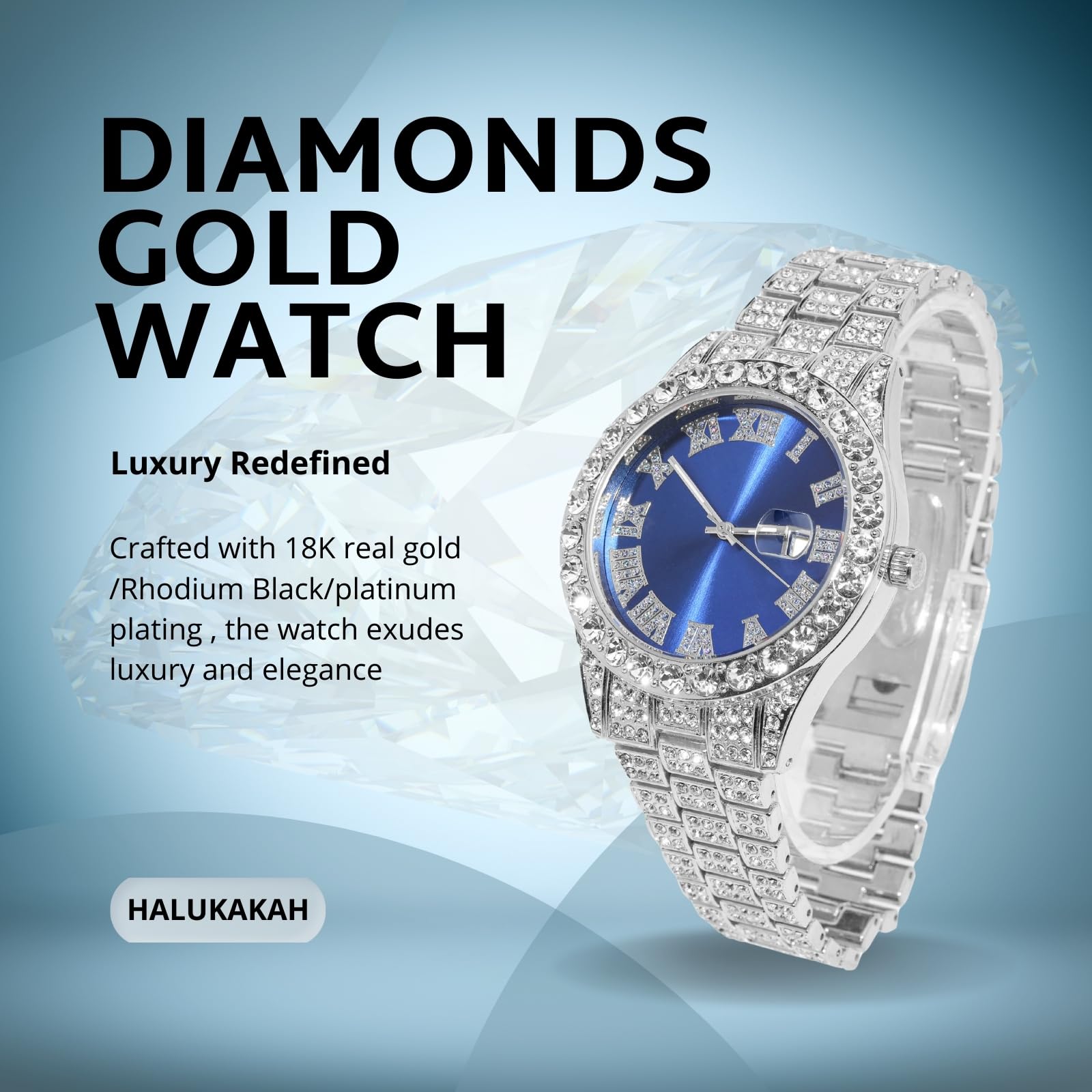Halukakah Diamonds - Reloj Iced Out para niños y adolescentes, chapado en oro real de 18 quilates, esfera azul/verde/roja, 8 pulgadas de longitud, opcional con cadena de eslabones cubanos, con