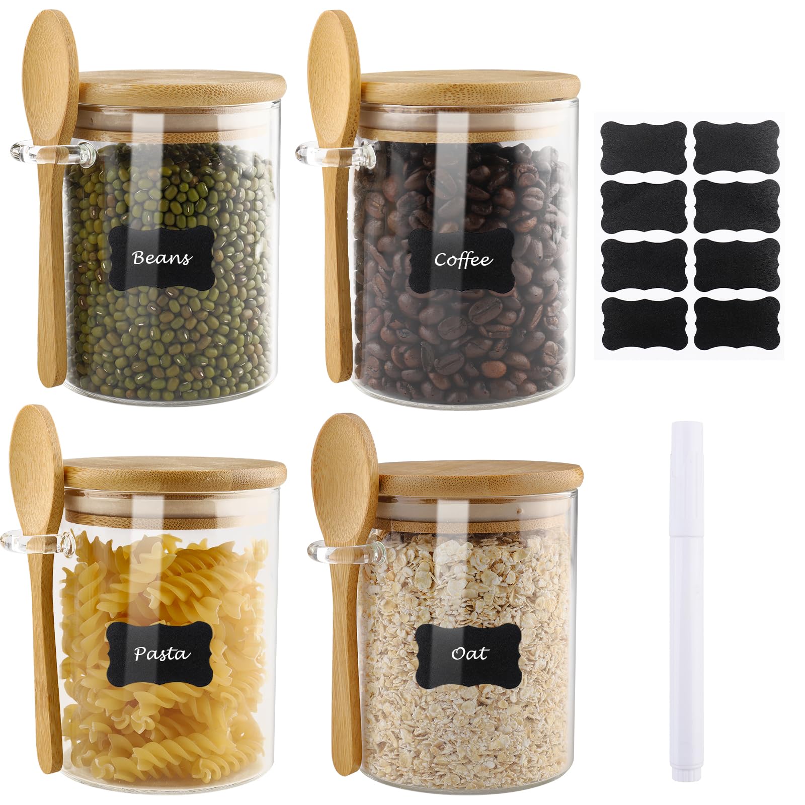 Tarros de Vidrio con Tapa Hermética Cuchara,4 Piezas 500ML Tarros de Cristal con Tapa Hermética y Cuchara Botes de Cristal de Cocina para Café té Azúcar Especias Cereales